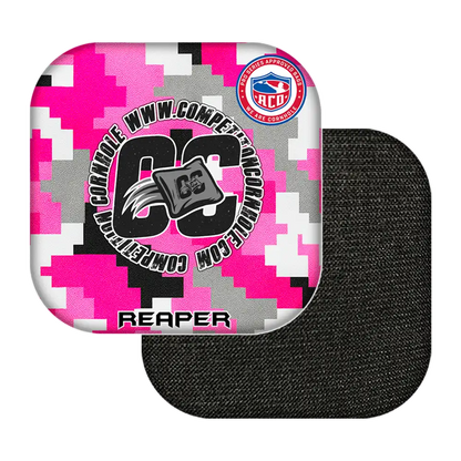 Pink and gray digital camouflage cornhole bag with 'CC' logo on a white background