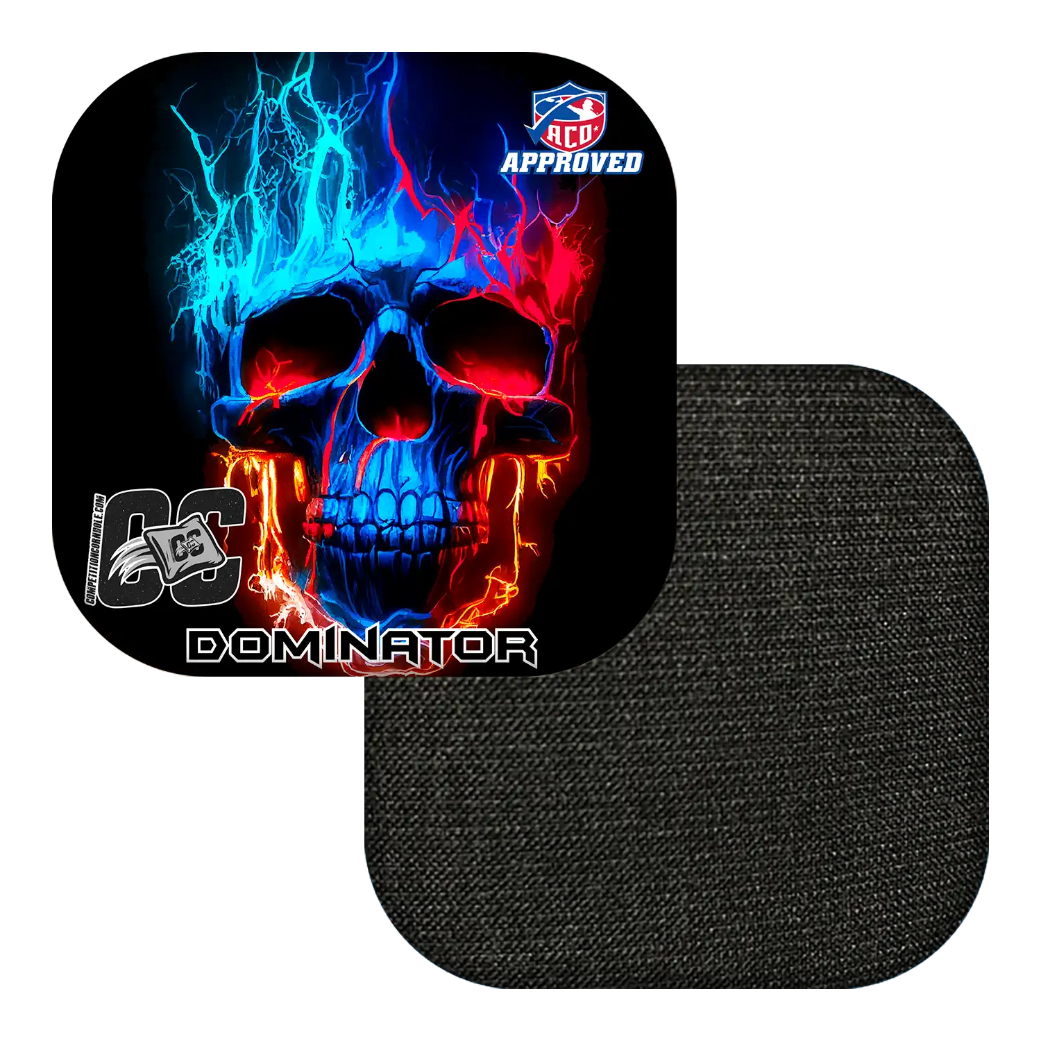 Cornhole bag with colorful skull design and 'Dominator' branding on a white background