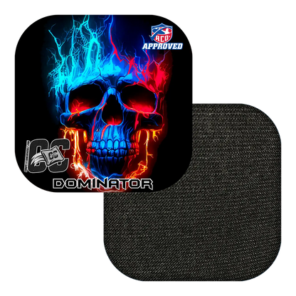 Cornhole bag with colorful skull design and 'Dominator' branding on a white background