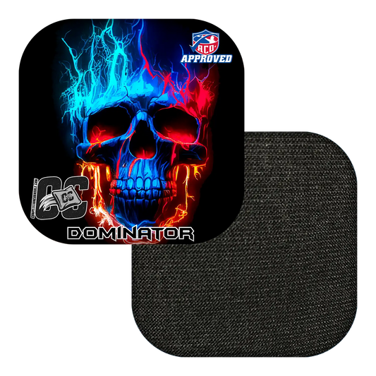 Cornhole bag with colorful skull design and 'Dominator' branding on a white background
