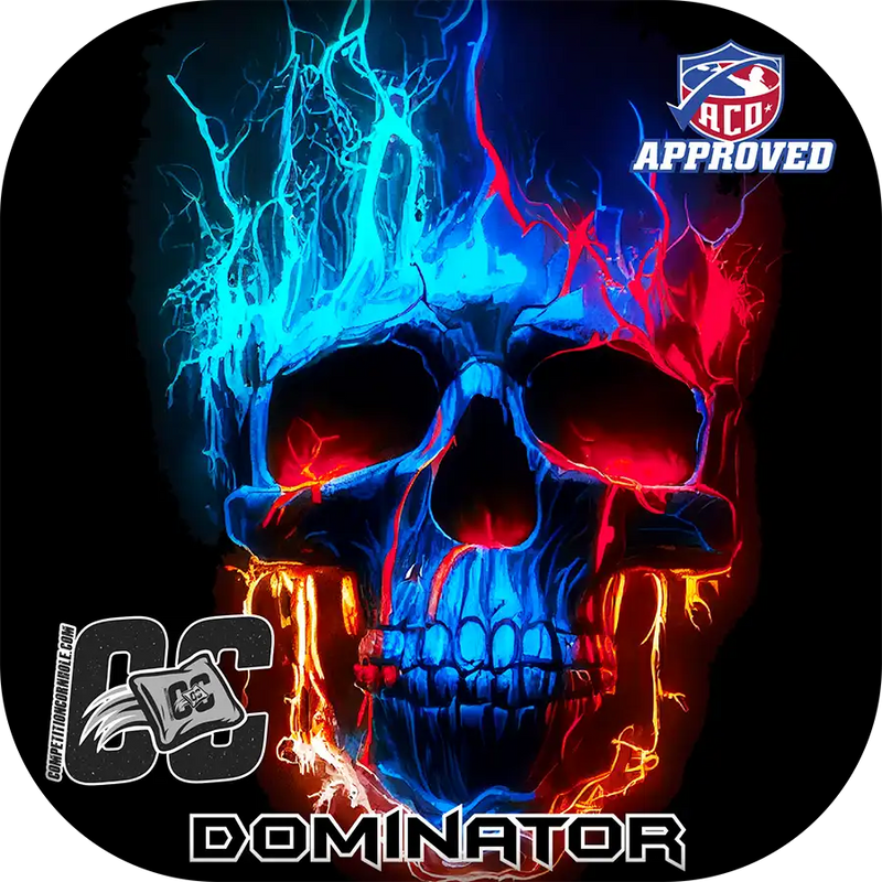 Colorful skull design with blue and red flames on a black background, featuring 'ACO Approved' and 'CC Dominator' logos.