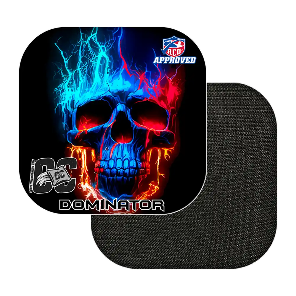 Cornhole bags with colorful skull design and branding on a white background