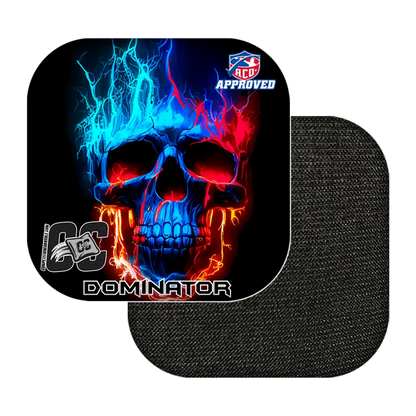 Cornhole bags with colorful skull design and branding on a white background