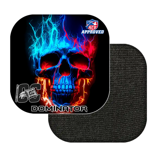 Cornhole bags with colorful skull design and branding on a white background