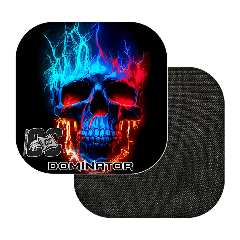Cornhole bags with a colorful skull design and 'Dominator' branding.