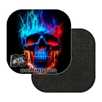 Cornhole bags with a colorful skull design and 'Dominator' branding.