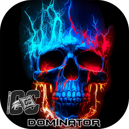 Colorful skull design with blue and red flames on a black background, featuring the brand 'CC Dominator'.