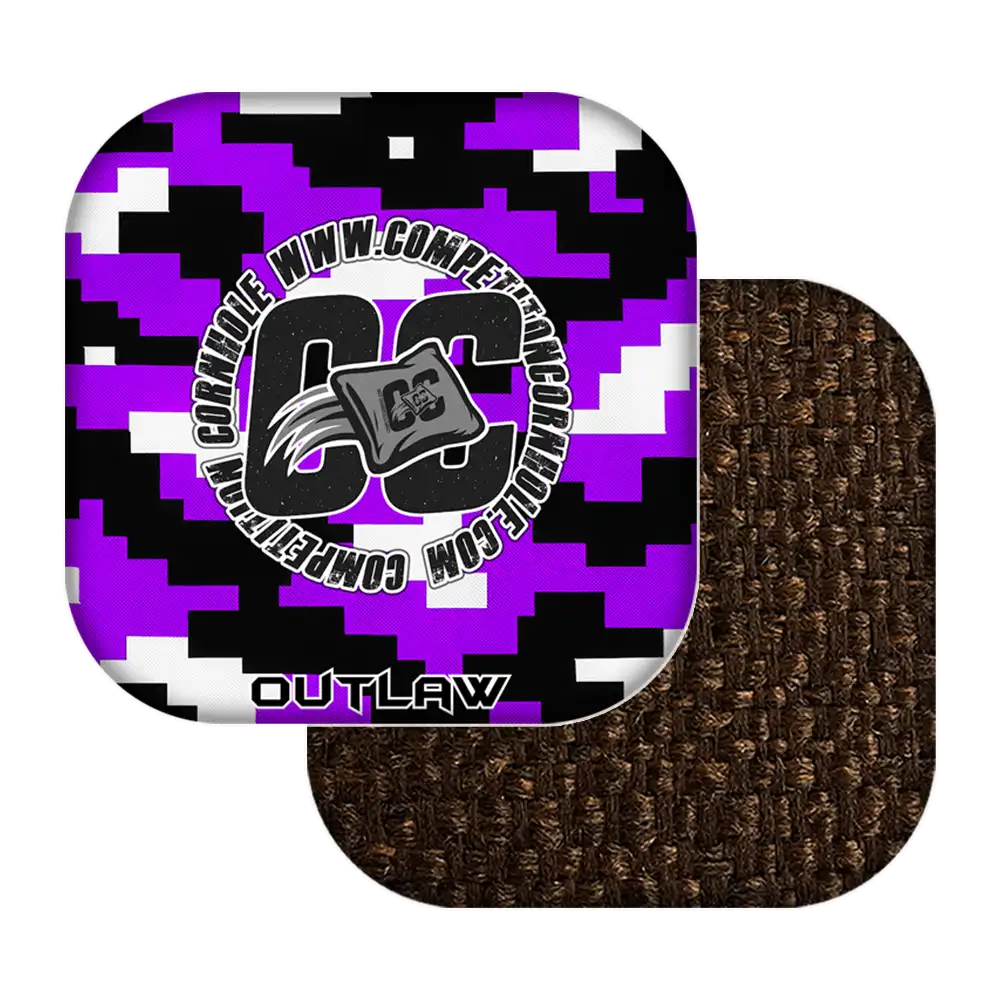 Product with purple and black camouflage pattern and brown textured surface on a white background