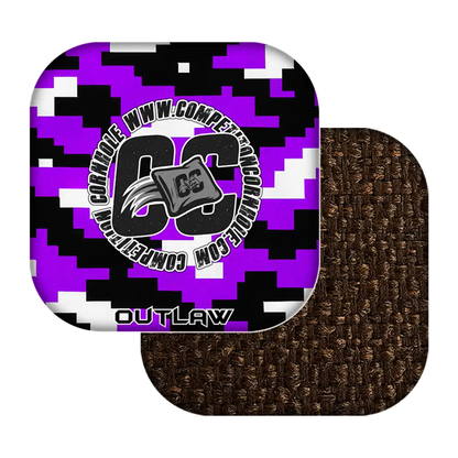 Product with purple and black camouflage pattern and brown textured surface on a white background