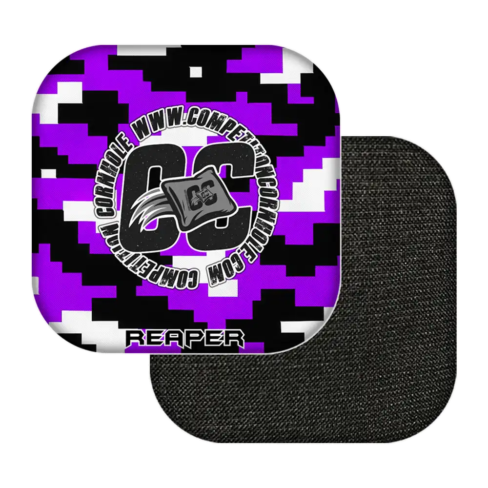 Black and purple camouflage cornhole bags with a logo and text on a white background