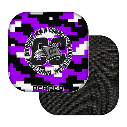Black and purple camouflage cornhole bags with a logo and text on a white background