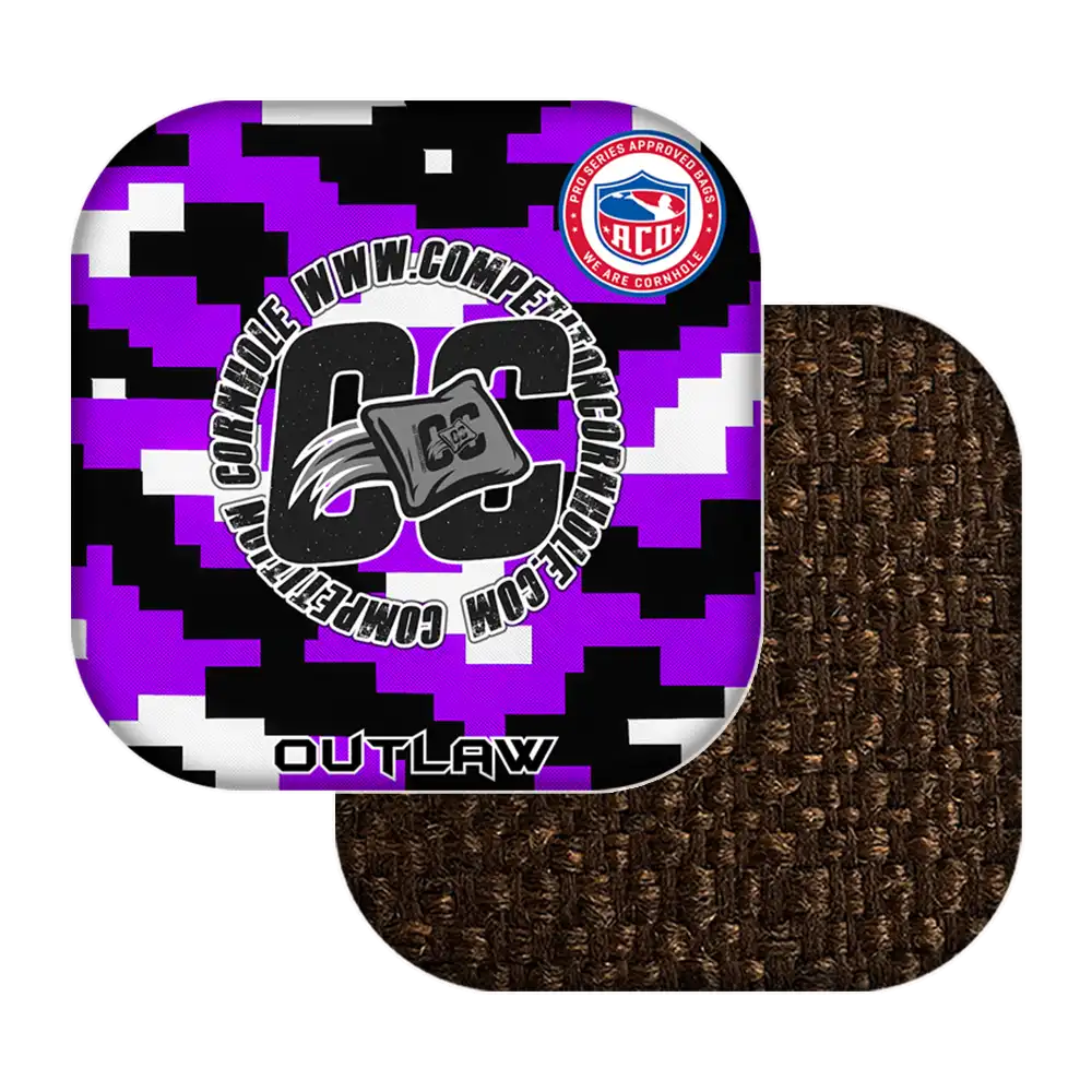 Purple and black camouflage cornhole bags with 'CC Outlaw' branding on a white background