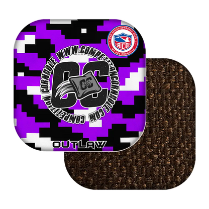 Purple and black camouflage cornhole bags with 'CC Outlaw' branding on a white background