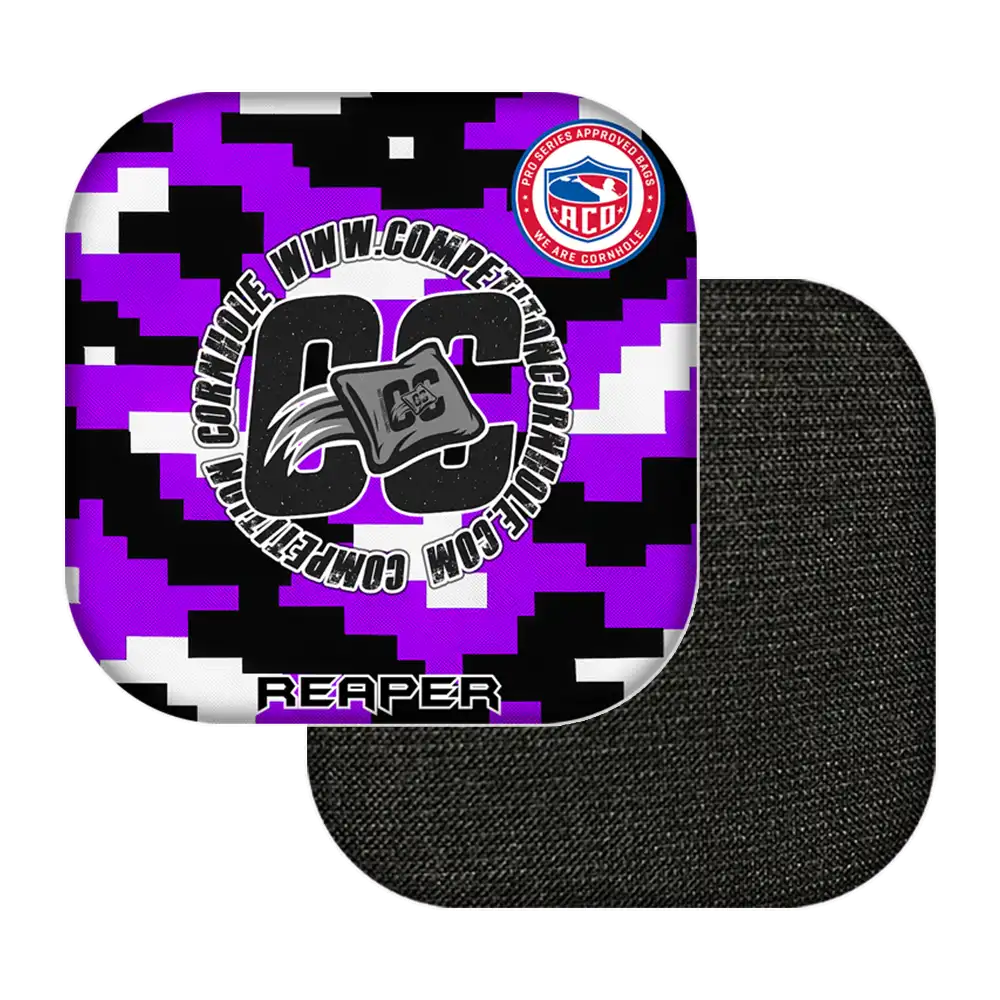 Black and purple camouflage cornhole bags with 'CC' logo and text on a white background