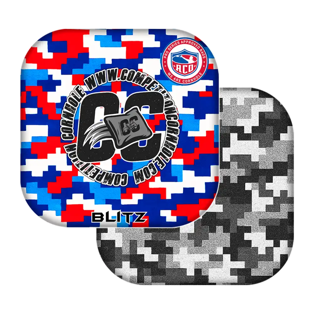 cornhole bags with digital camouflage patterns and branding on a white background.