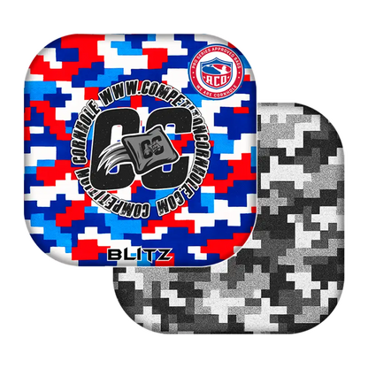 cornhole bags with digital camouflage patterns and branding on a white background.