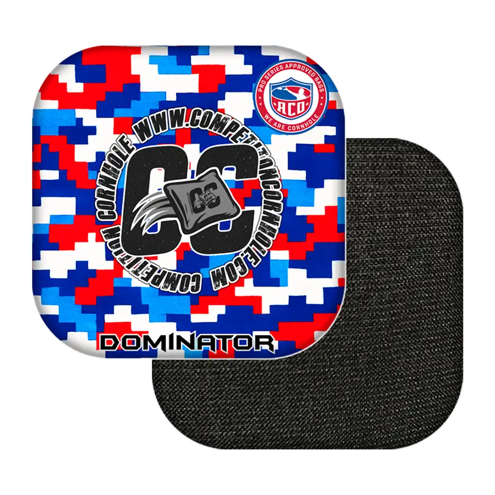 cornhole bags with colorful geometric pattern and branding on a white background