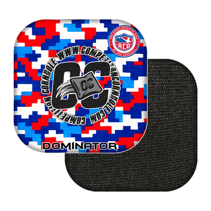 cornhole bags with colorful geometric pattern and branding on a white background