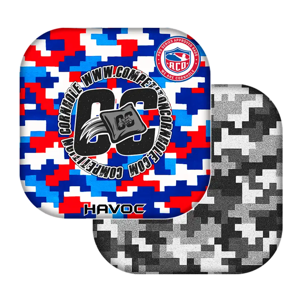 cornhole bags with digital camouflage pattern and branding on a white background