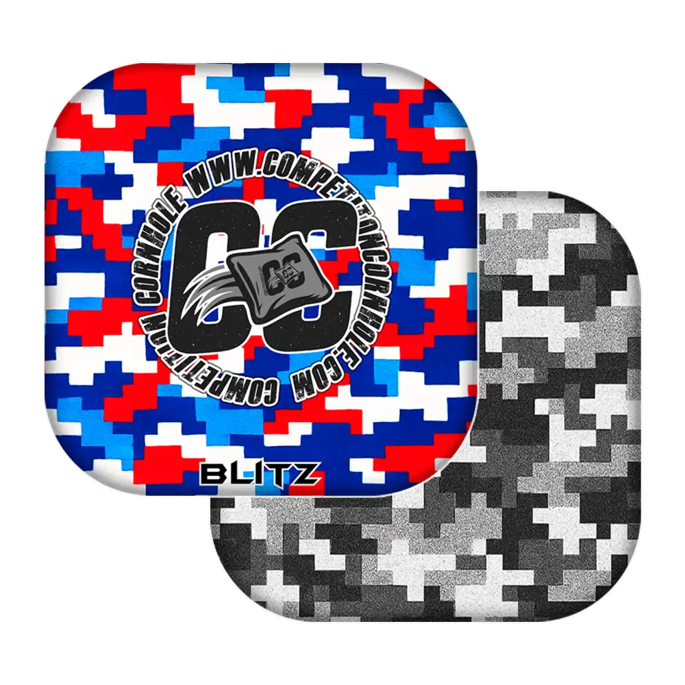 cornhole bags with digital camouflage patterns and a visible brand logo.