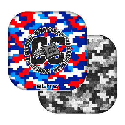 cornhole bags with digital camouflage patterns and a visible brand logo.