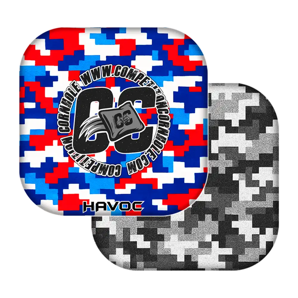 cornhole bags with digital camouflage patterns and a logo in the center.