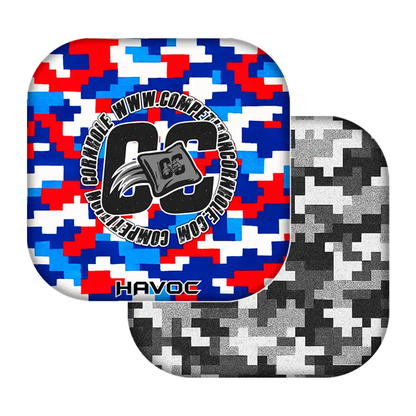 cornhole bags with digital camouflage patterns and a logo in the center.