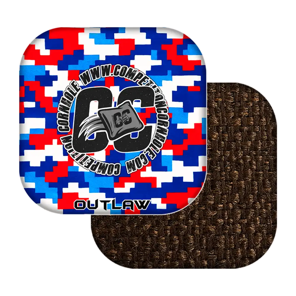 Colorful geometric patterned cornhole bags with 'Outlaw' branding on a white background