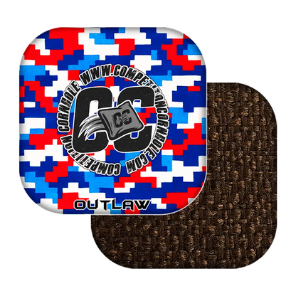 Colorful geometric patterned cornhole bags with 'Outlaw' branding on a white background