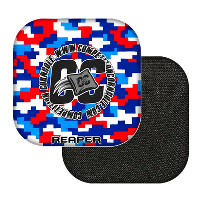 Black patch with a colorful geometric pattern and text on a white background