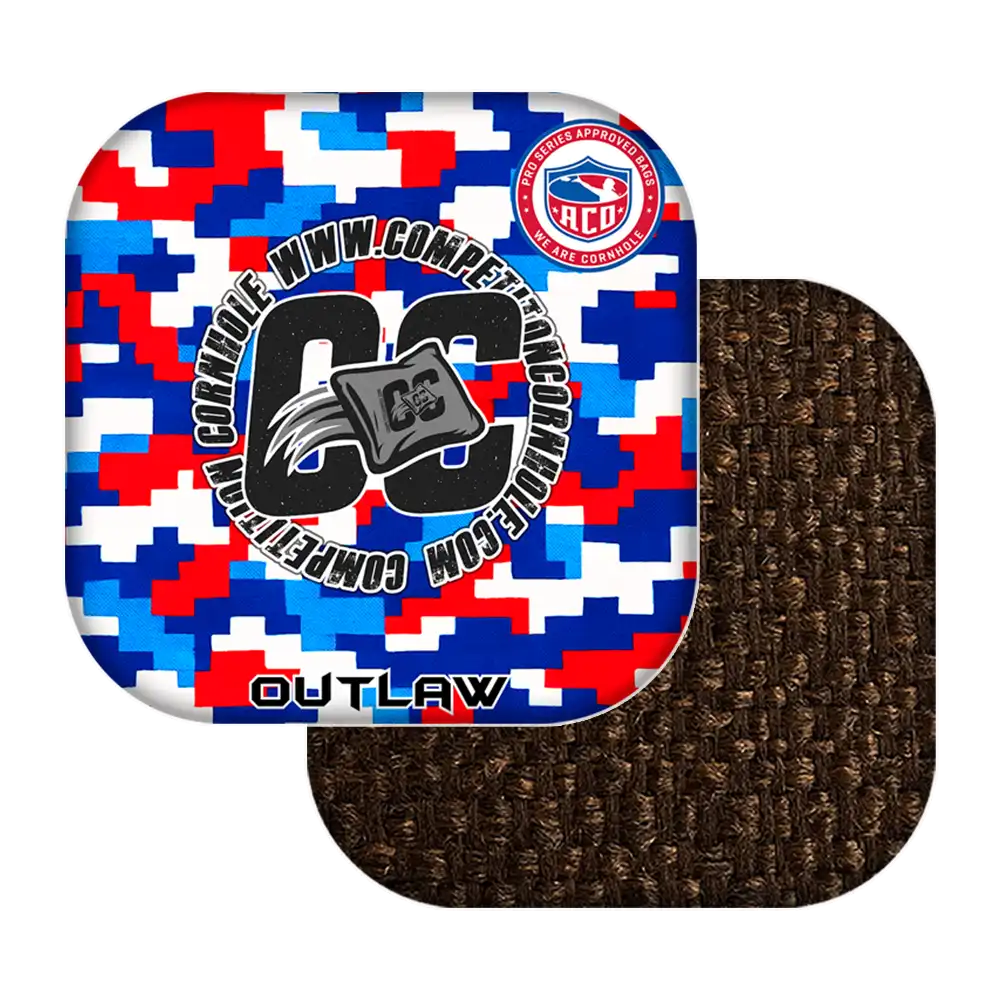 Colorful cornhole bagswith text and logos on a white background