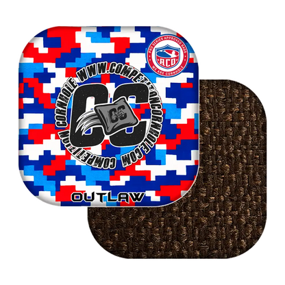 Colorful cornhole bagswith text and logos on a white background