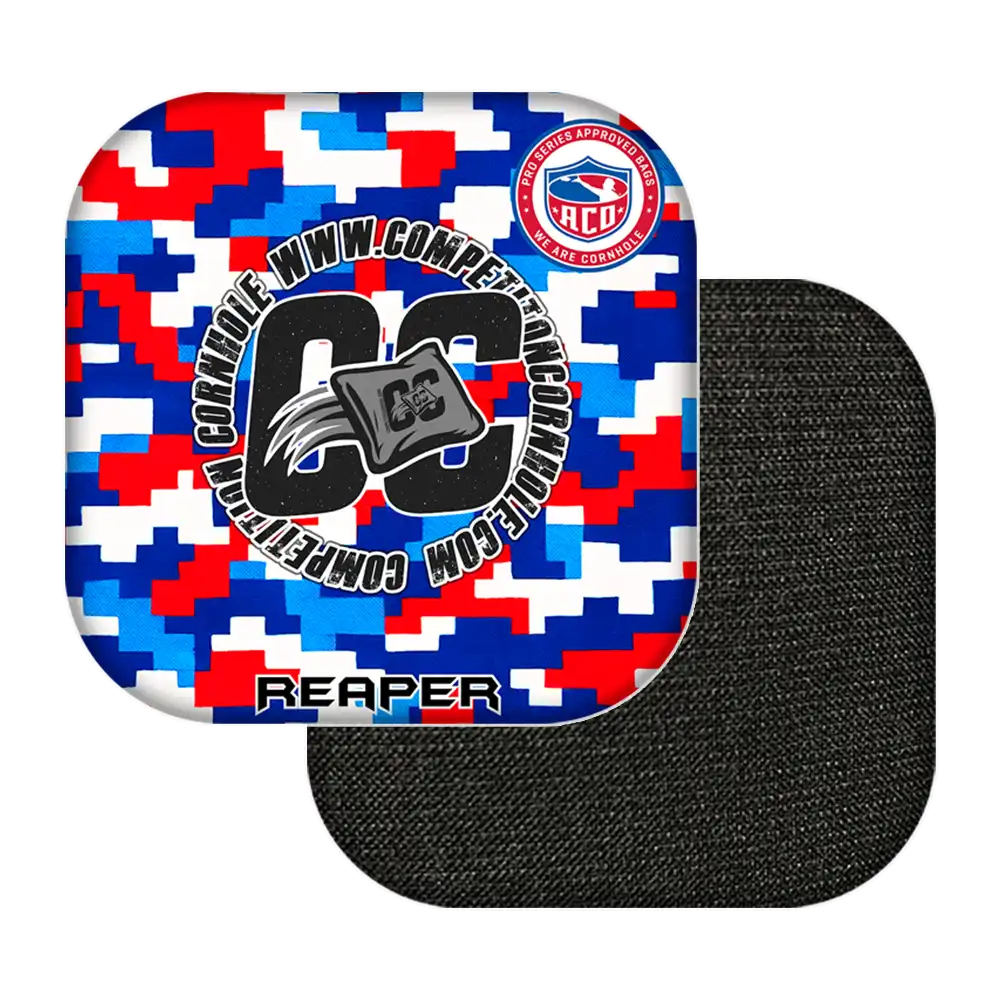 Cornhole bag with digital camouflage pattern and visible brand logo on a white background
