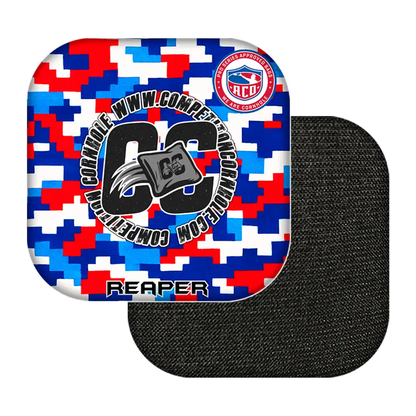Cornhole bag with digital camouflage pattern and visible brand logo on a white background