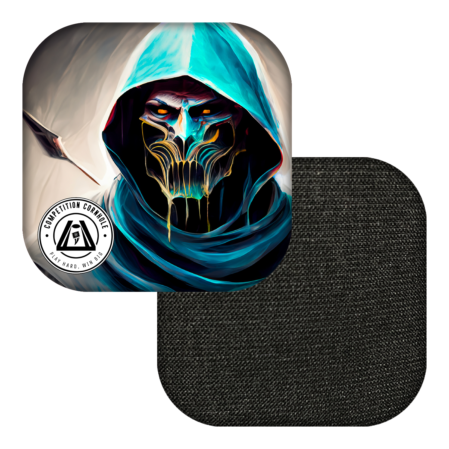 Character with blue hood and glowing face on a black square patch