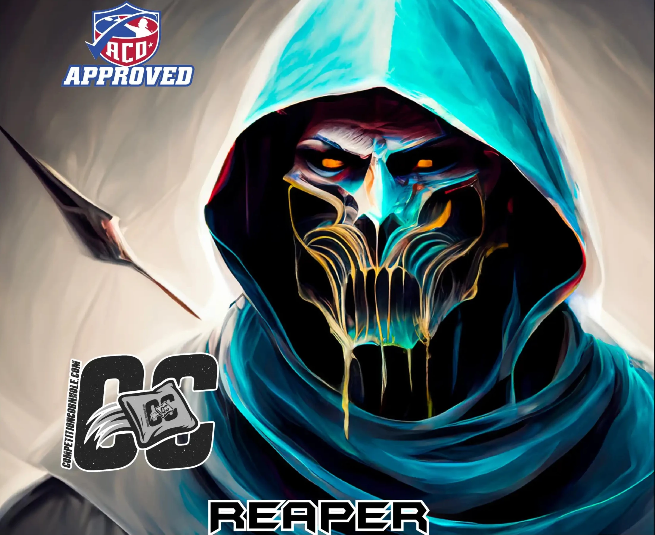 Character in a blue hood with glowing eyes and mouth, labeled 'Reaper' with logos above.