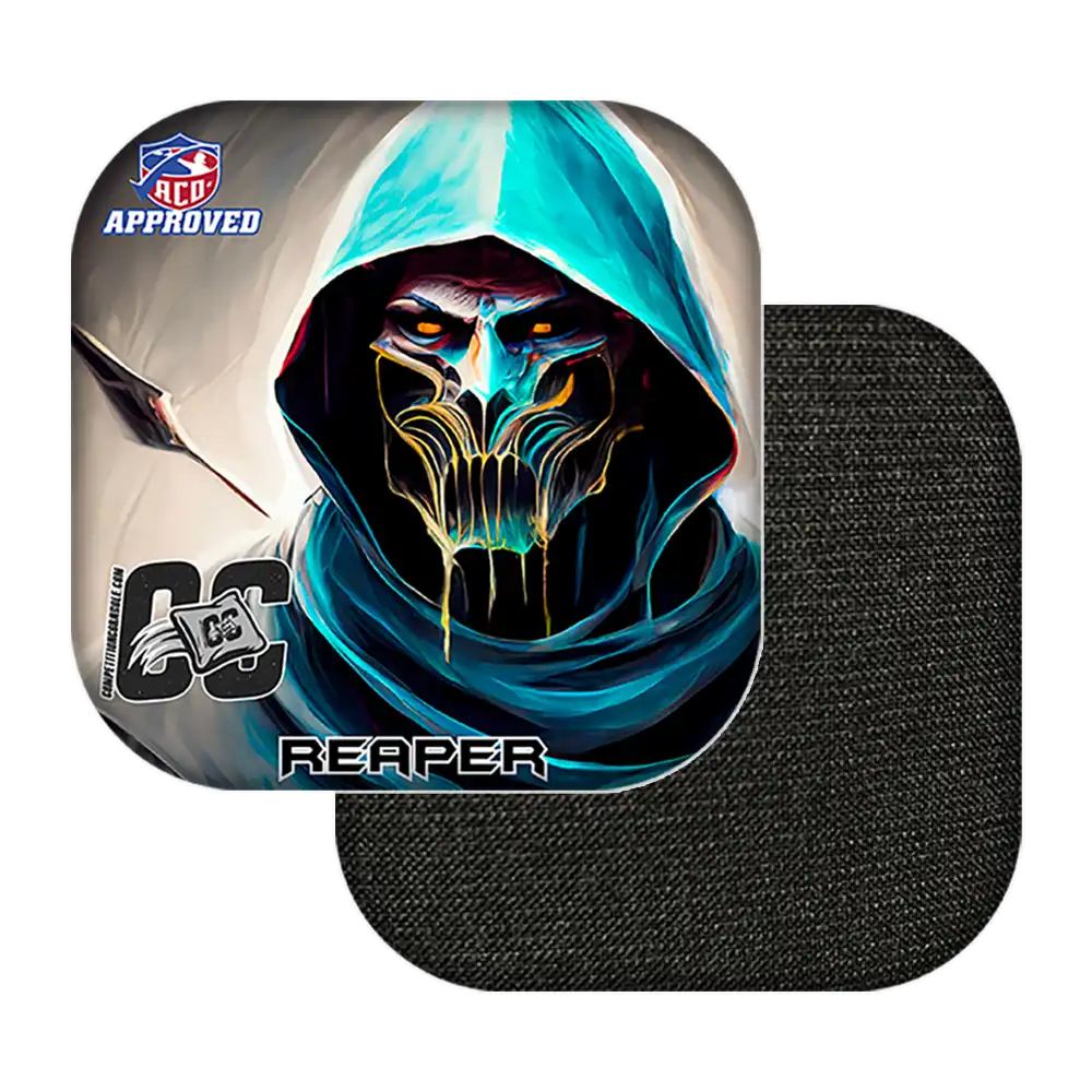 Cornhole bags with a character design and 'AO Approved' label on a white background