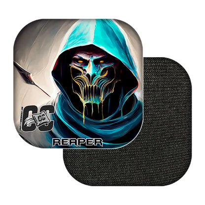 Cornhole bags with a character design and 'CC' logo on a white background