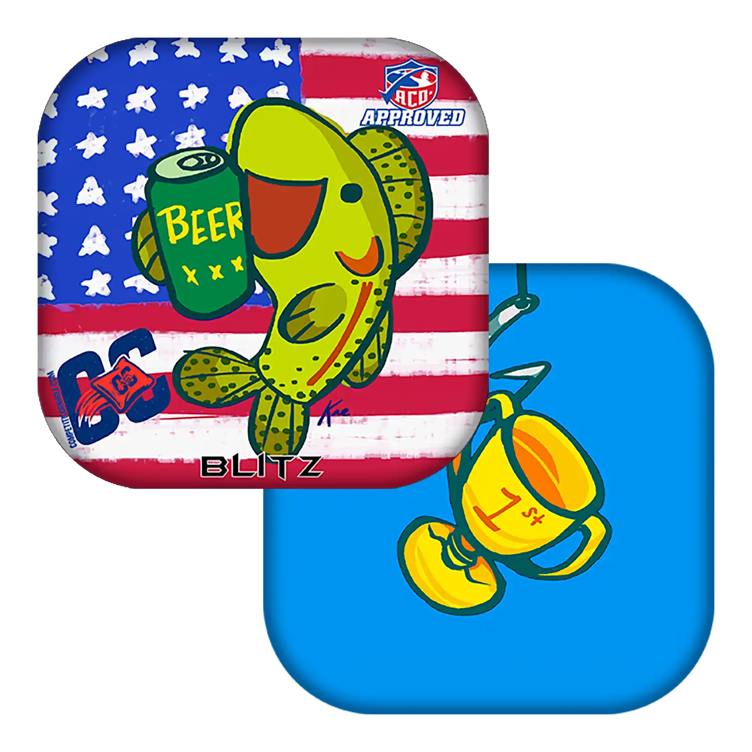 Cornhole bag with fish and beer can designs on a white background