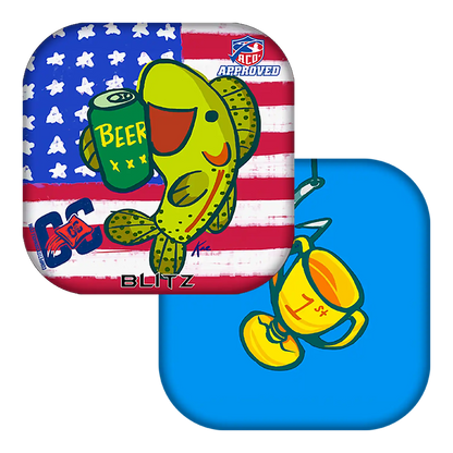 Cornhole bag with fish and beer can designs on a white background