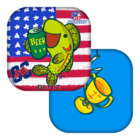 Cornhole bag with fish and beer can designs on a white background
