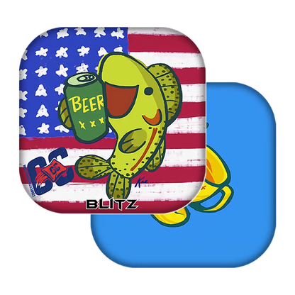 Cornhole bags with a fish design and American flag pattern on a white background