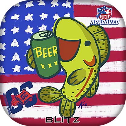 Cartoon fish holding a beer can with an American flag background and 'BLITZ' branding.