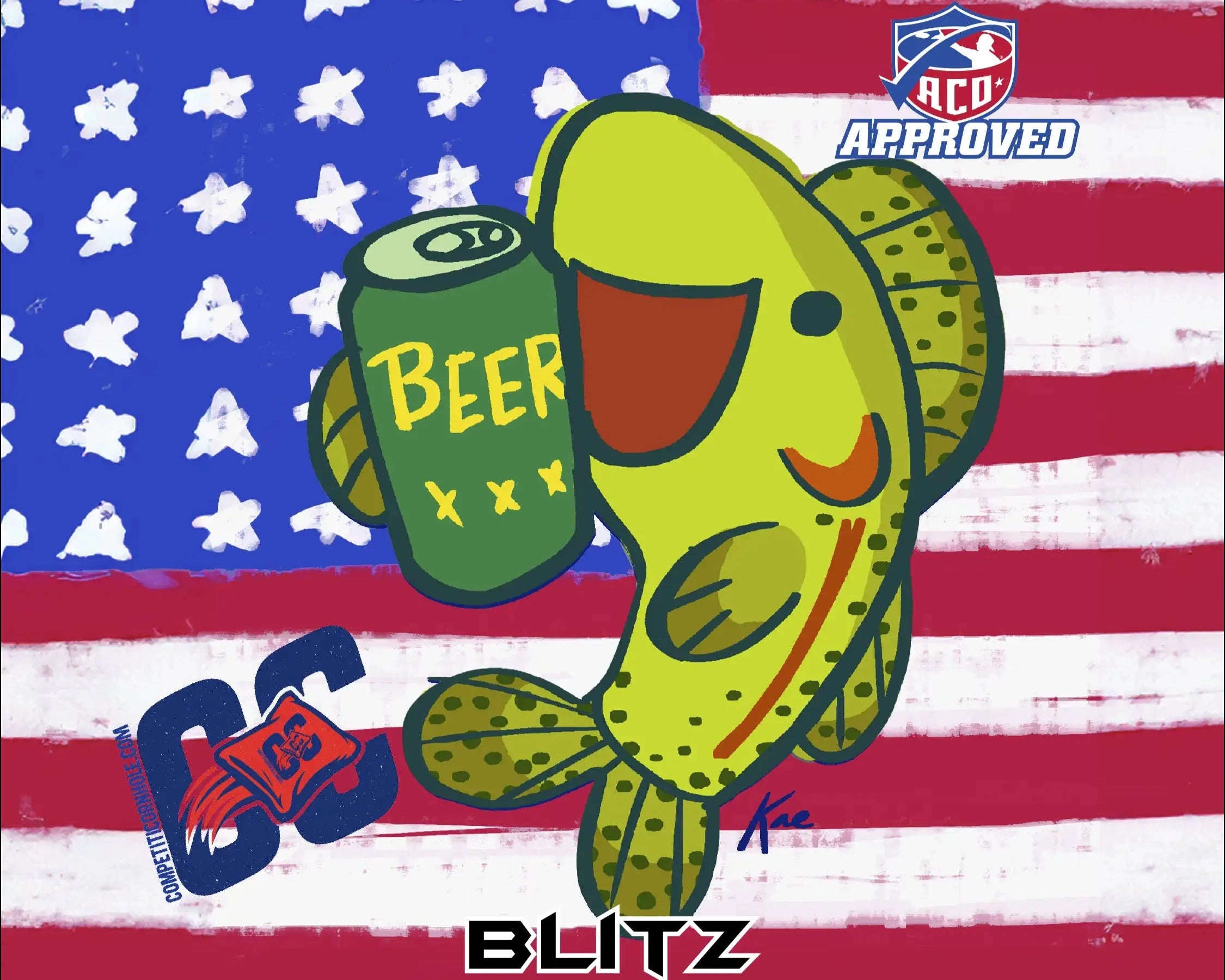 Cartoon fish holding a can of beer with an American flag background and 'ACO Approved' logo.