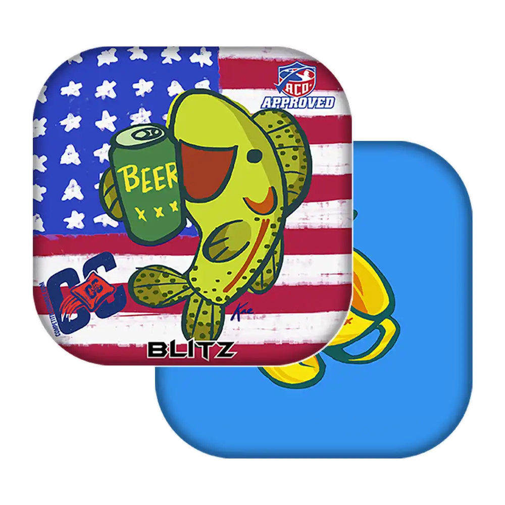 Colorful fish design with beer can on American flag background, featuring 'BLITZ' branding.