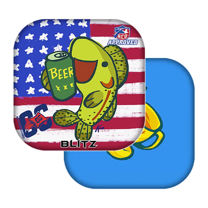 Colorful fish design with beer can on American flag background, featuring 'BLITZ' branding.