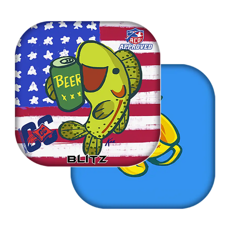 Colorful fish design with beer can on American flag background, featuring 'BLITZ' branding.