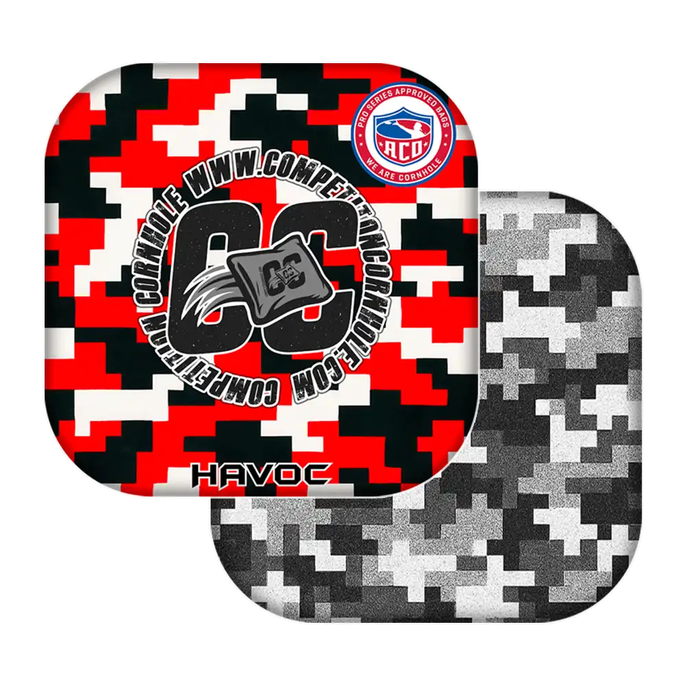 Two geometric-patterned cornhole bags with 'CC' branding on a white background