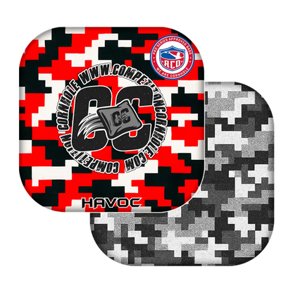 Two geometric-patterned cornhole bags with 'CC' branding on a white background