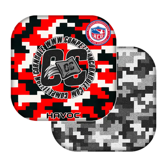 Two geometric-patterned cornhole bags with 'CC' branding on a white background